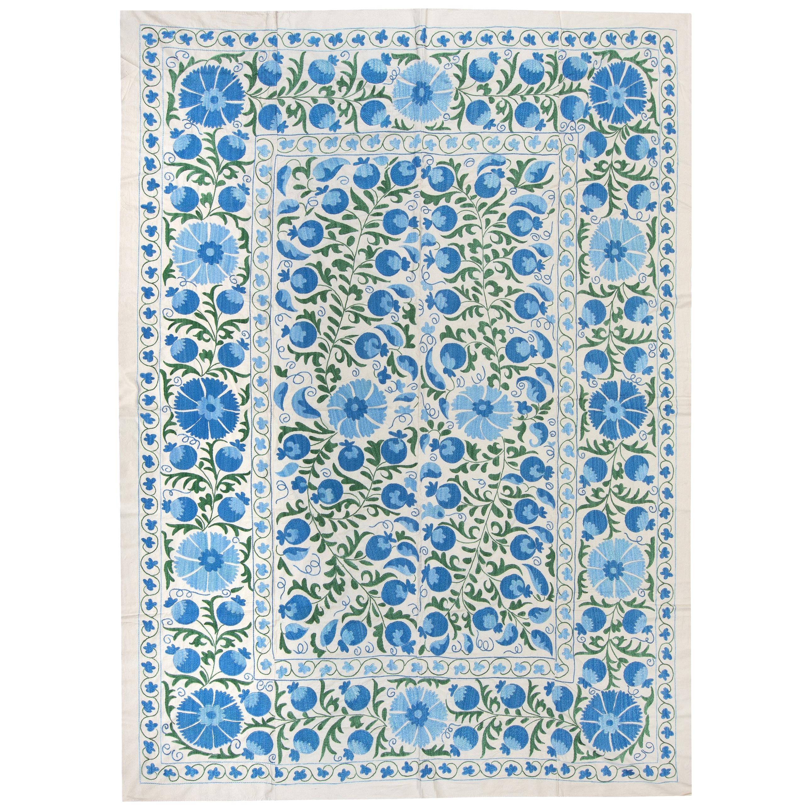 6.4x8.3 Ft Silk Embroidery Bedspread, Suzani Wall Hanging, Blue Uzbek Tapestry