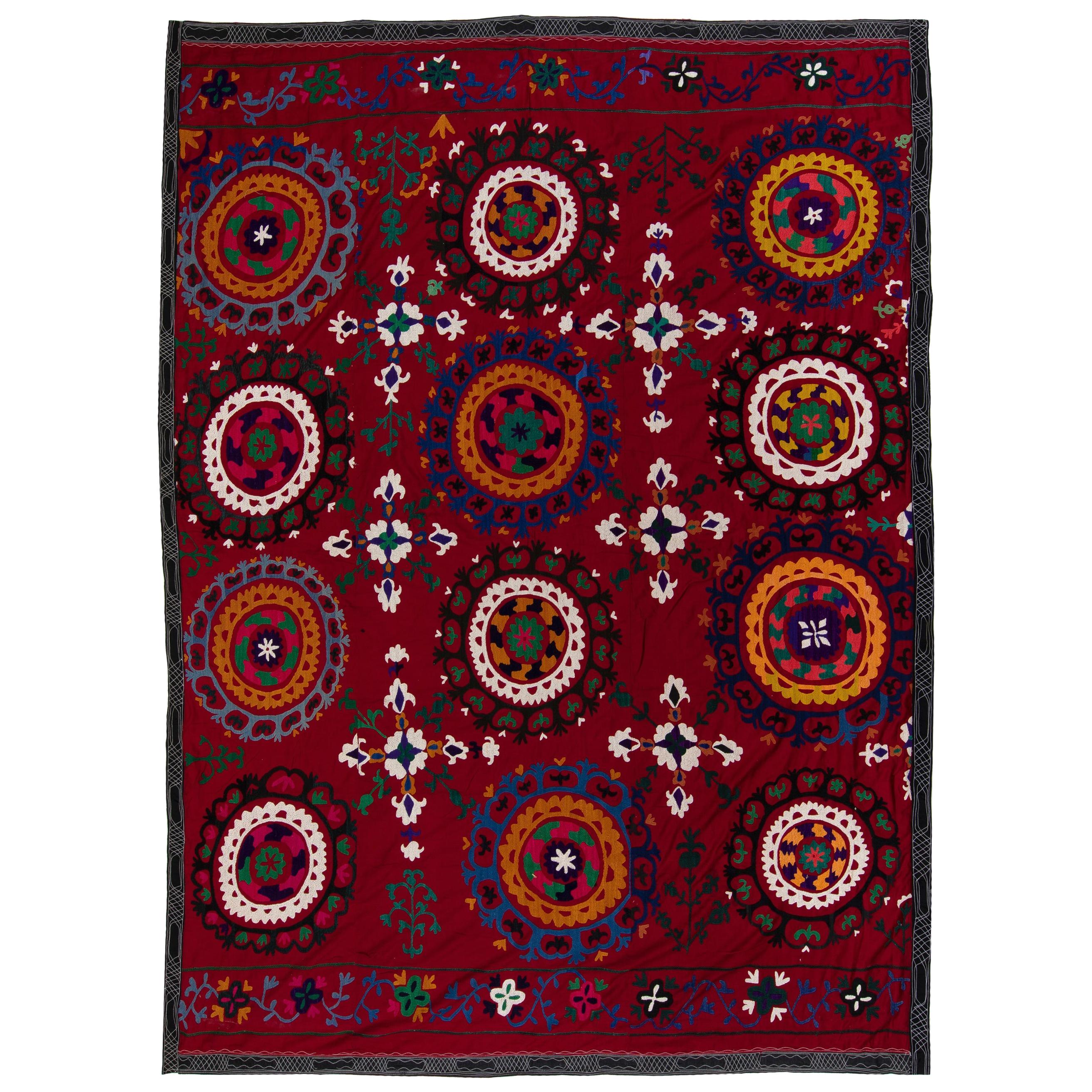 6.4x8.4 Ft Central Asian Suzani Textile, Embroidered Cotton & Silk Wall Hanging For Sale