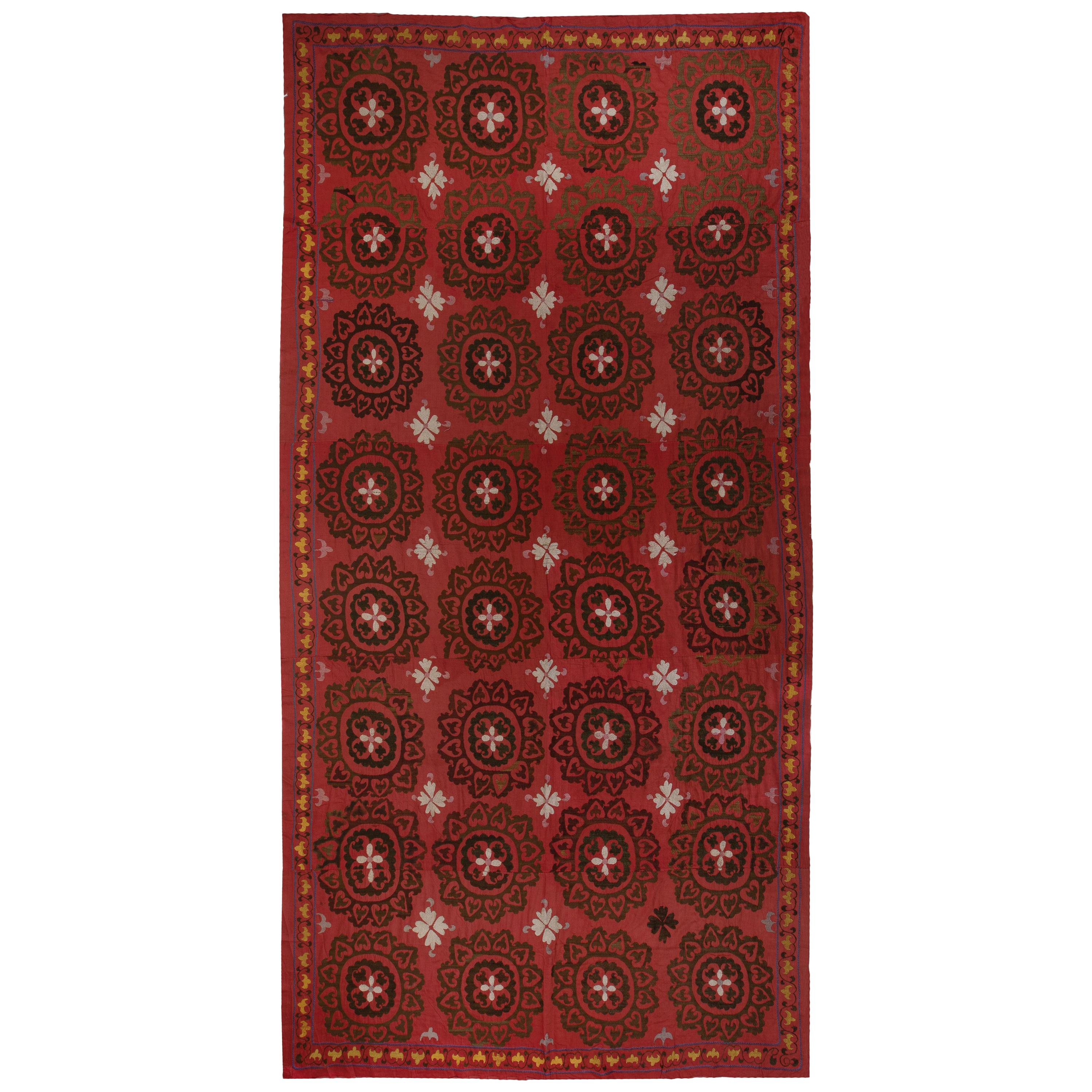6.6x12.3 Ft Central Asian Suzani Textile, Embroidered Cotton & Silk Wall Hanging For Sale