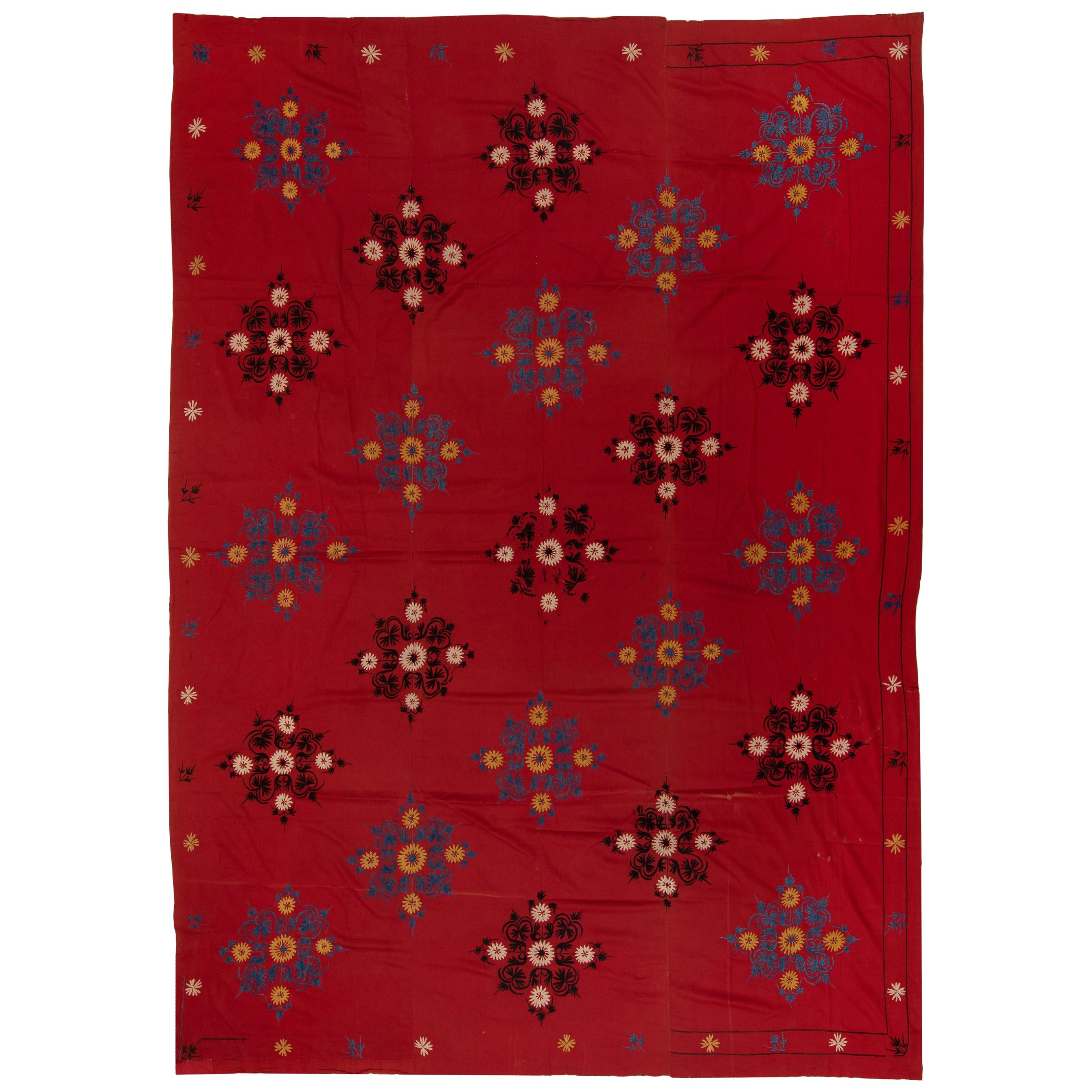 6.7x8.7 Ft Hand Embroidered Silk Wall Hanging, Red Bedspread, Suzani Tablecloth