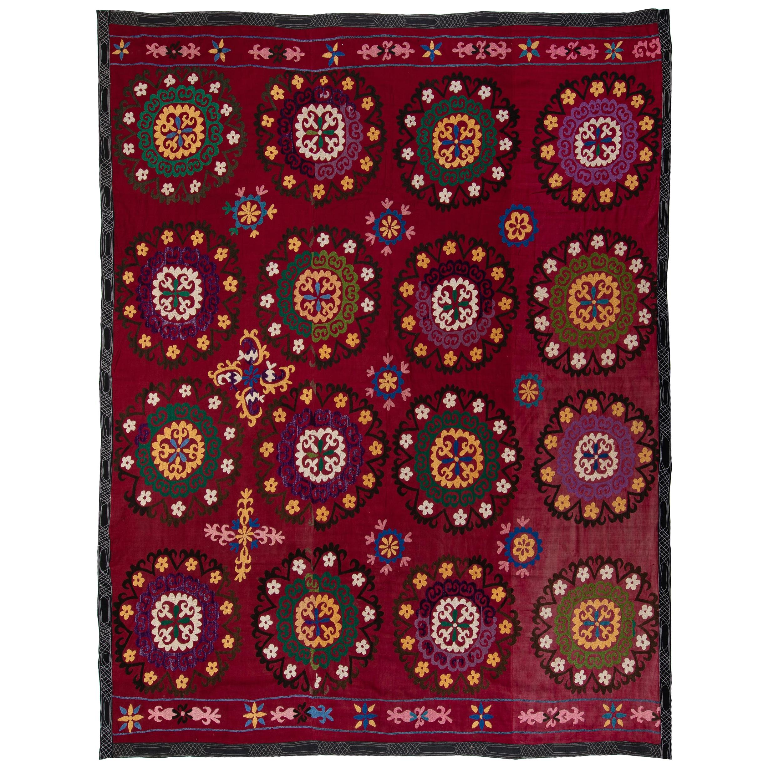 6.8x7.8 Ft Central Asian Suzani Textile, Embroidered Cotton & Silk Wall Hanging