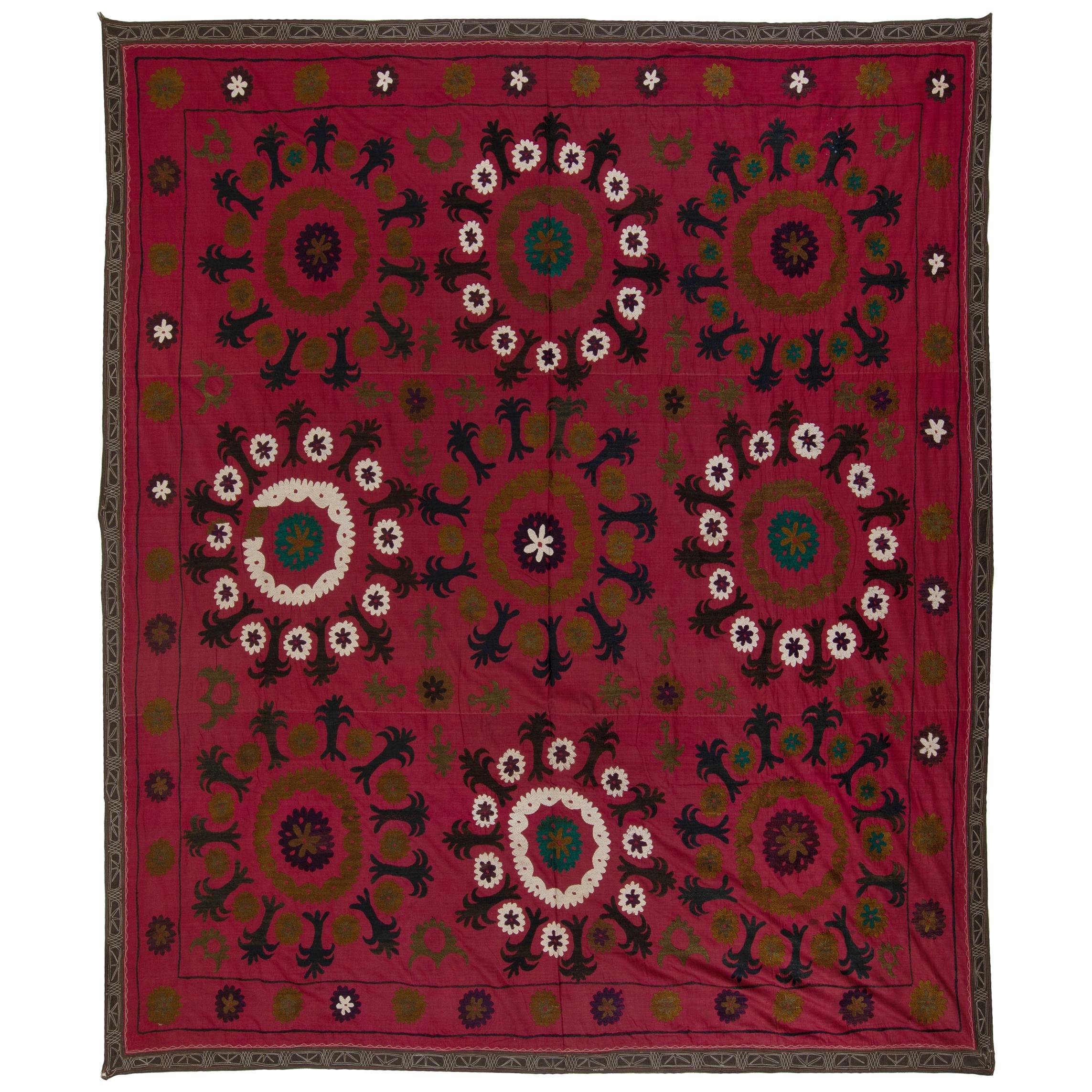 7x7.4 Ft Central Asian Suzani Textile, Embroidered Cotton & Silk Wall Hanging