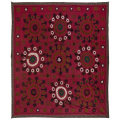 7x7.4 Ft Central Asian Suzani Textile, Embroidered Cotton & Silk Wall Hanging