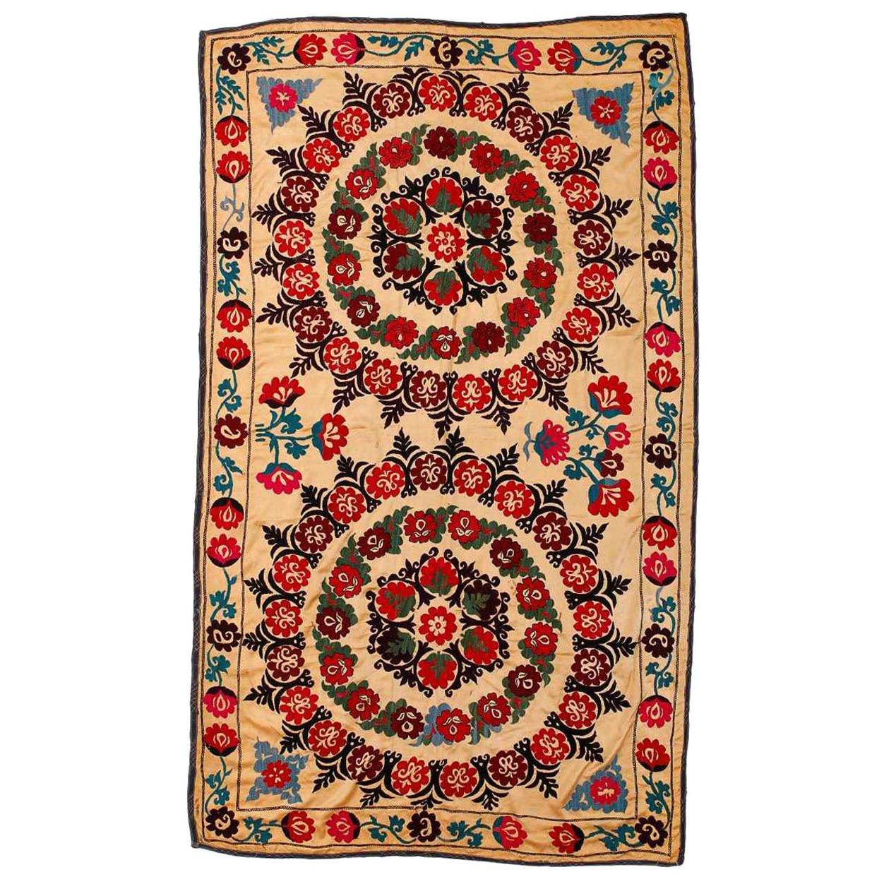 5.4x8.6 ft Central Asian Suzani Textile, Embroidered Cotton & Silk Wall Hanging