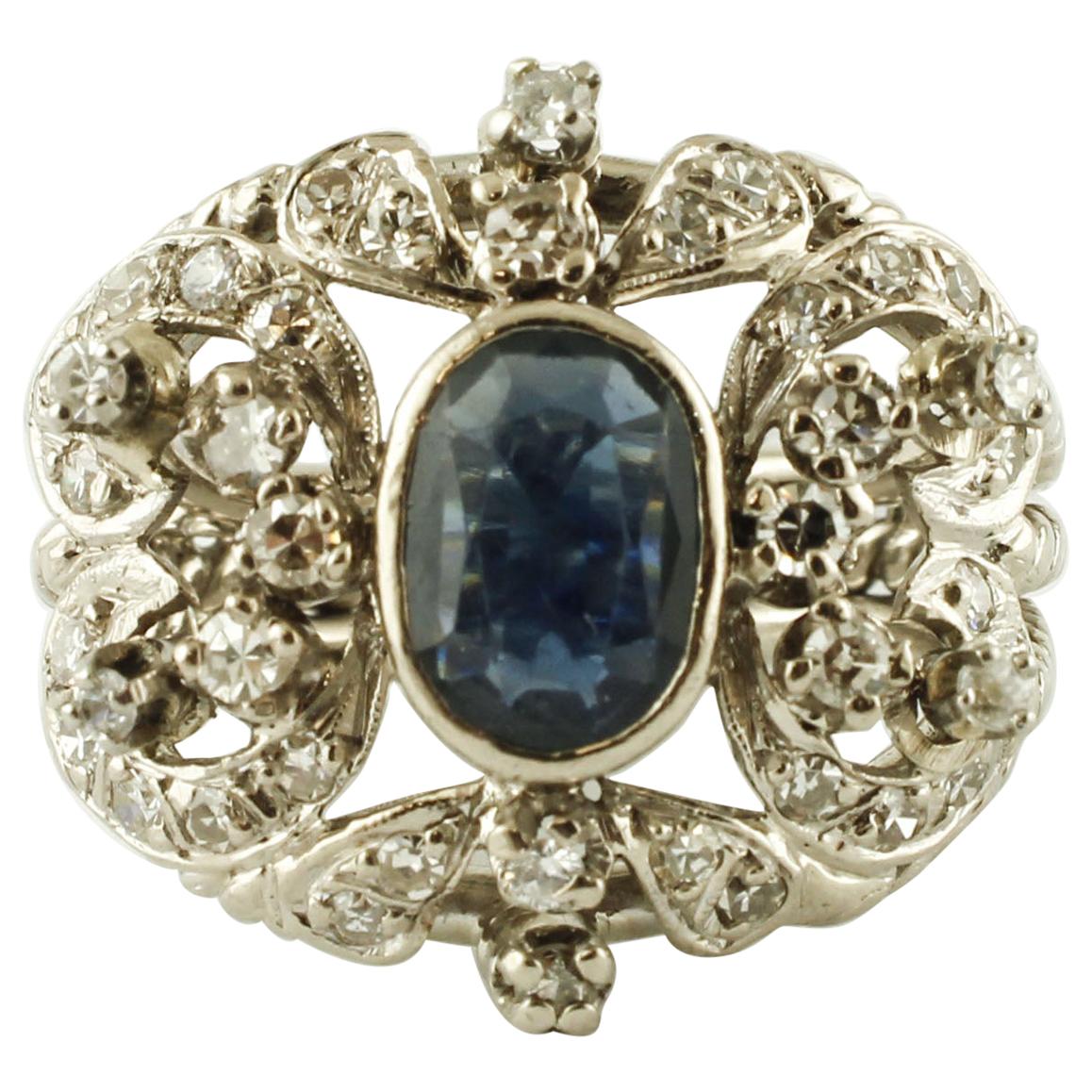 Central Blue Sapphire, Diamonds, 12 Karat White Gold Vintage Ring