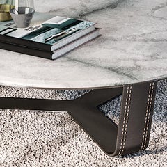Contemporary coffee table, Marble Top, Metal frame legs with leather insert.