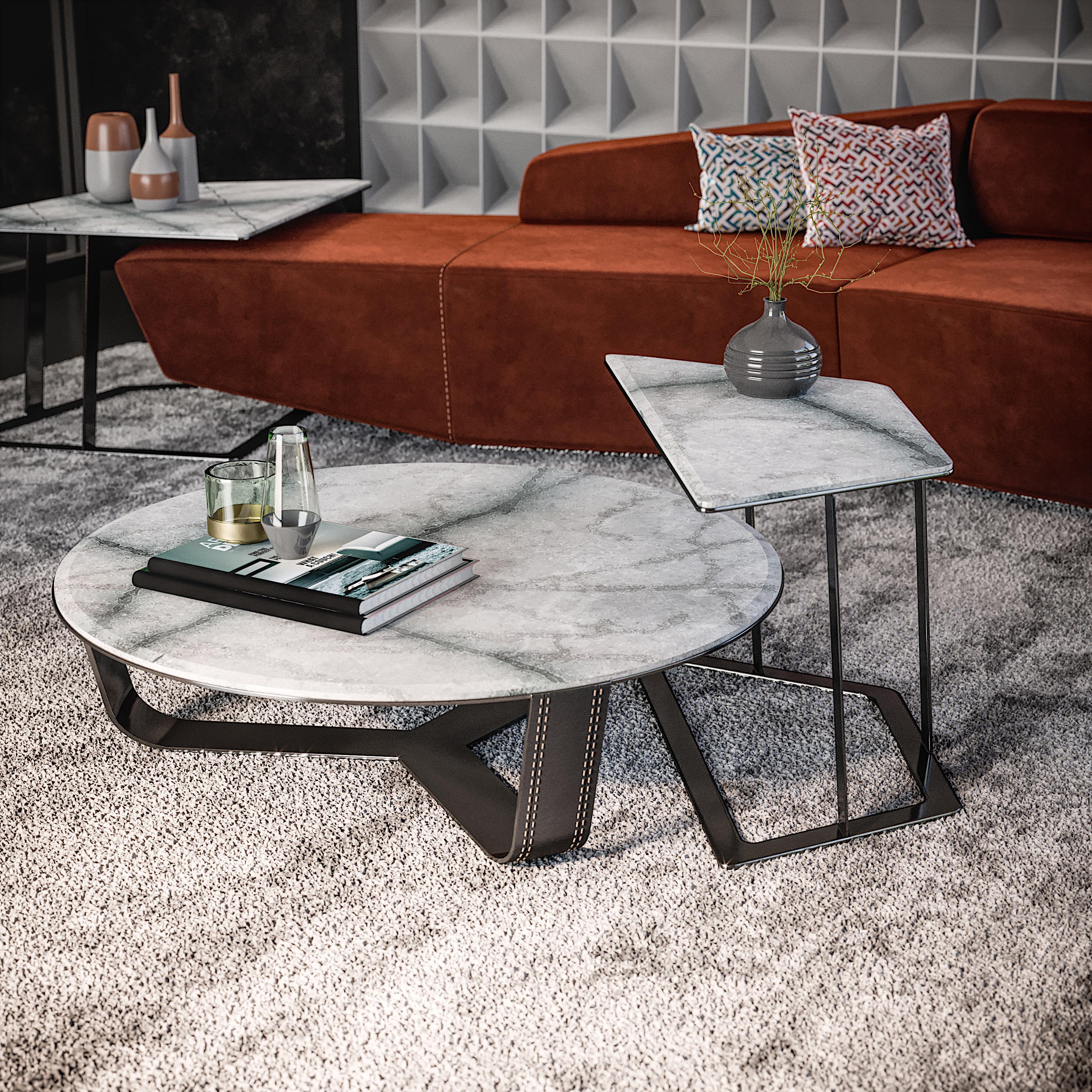 Modern Contemporary coffee table, Marble Top, Metal frame legs with leather insert. For Sale