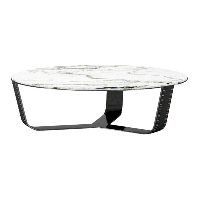 Contemporary coffee table, Marble Top, Metal frame legs with leather insert. For Sale