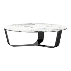 Contemporary coffee table, Marble Top, Metal frame legs with leather insert.