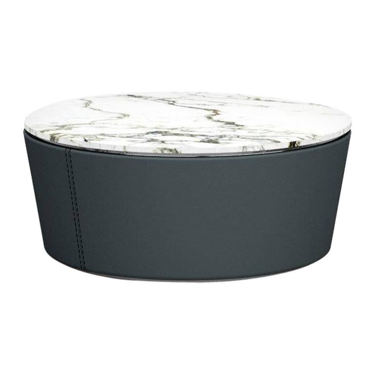 Contemporary central coffe table with marble top, leather case and storage unit For Sale