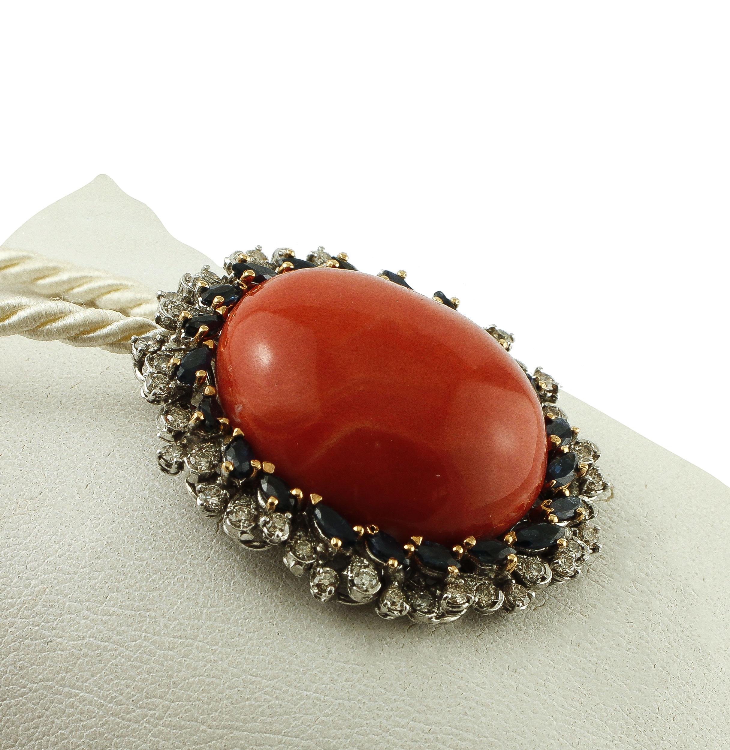 Retro Red Coral Button, Diamonds, Blue Sapphires, 14 Karat White Gold Pendant Necklace