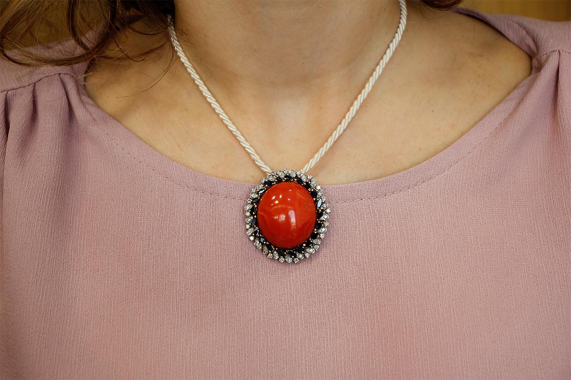 Women's Red Coral Button, Diamonds, Blue Sapphires, 14 Karat White Gold Pendant Necklace