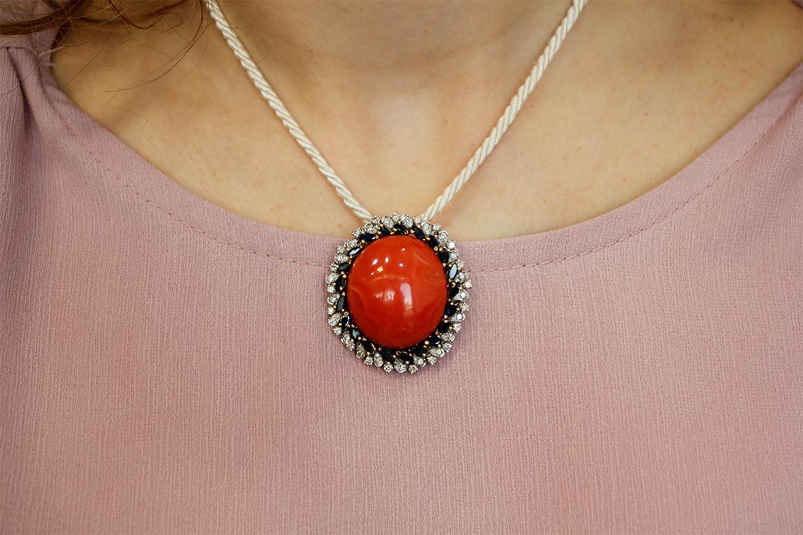 Red Coral Button, Diamonds, Blue Sapphires, 14 Karat White Gold Pendant Necklace 1