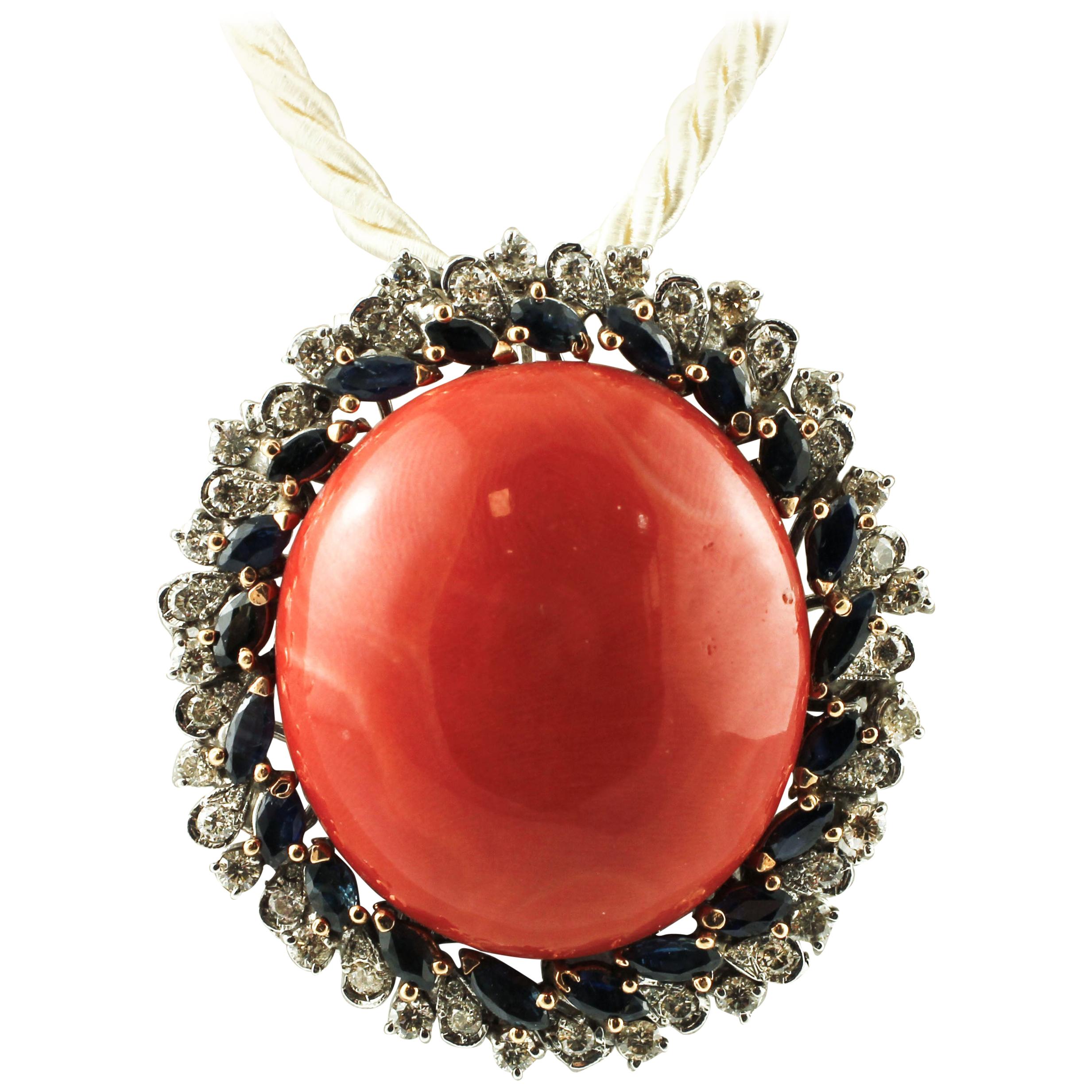 Red Coral Button, Diamonds, Blue Sapphires, 14 Karat White Gold Pendant Necklace