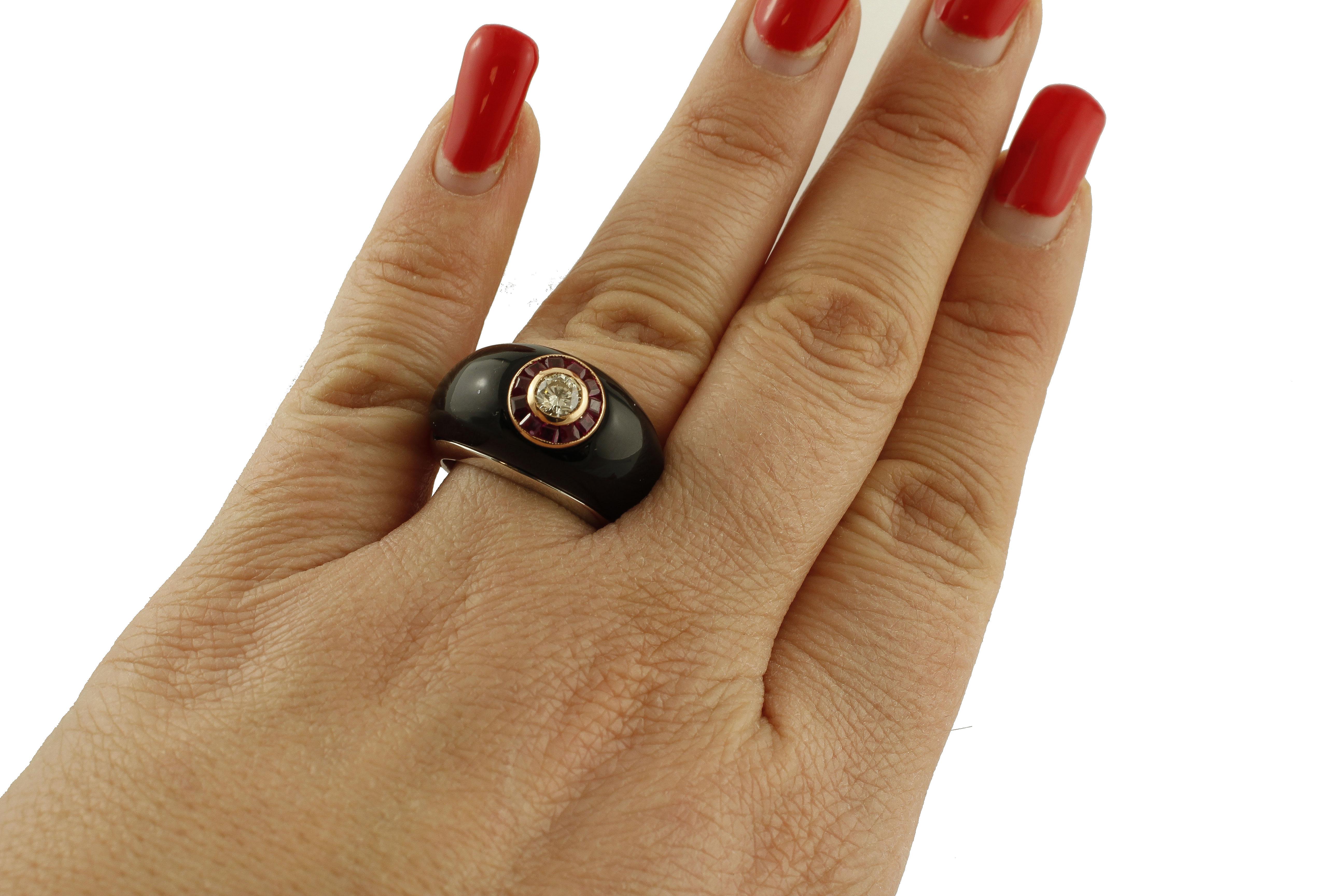 Central Diamond, Rubies, Onyx, 18 Karat White and Rose Gold Ring 1