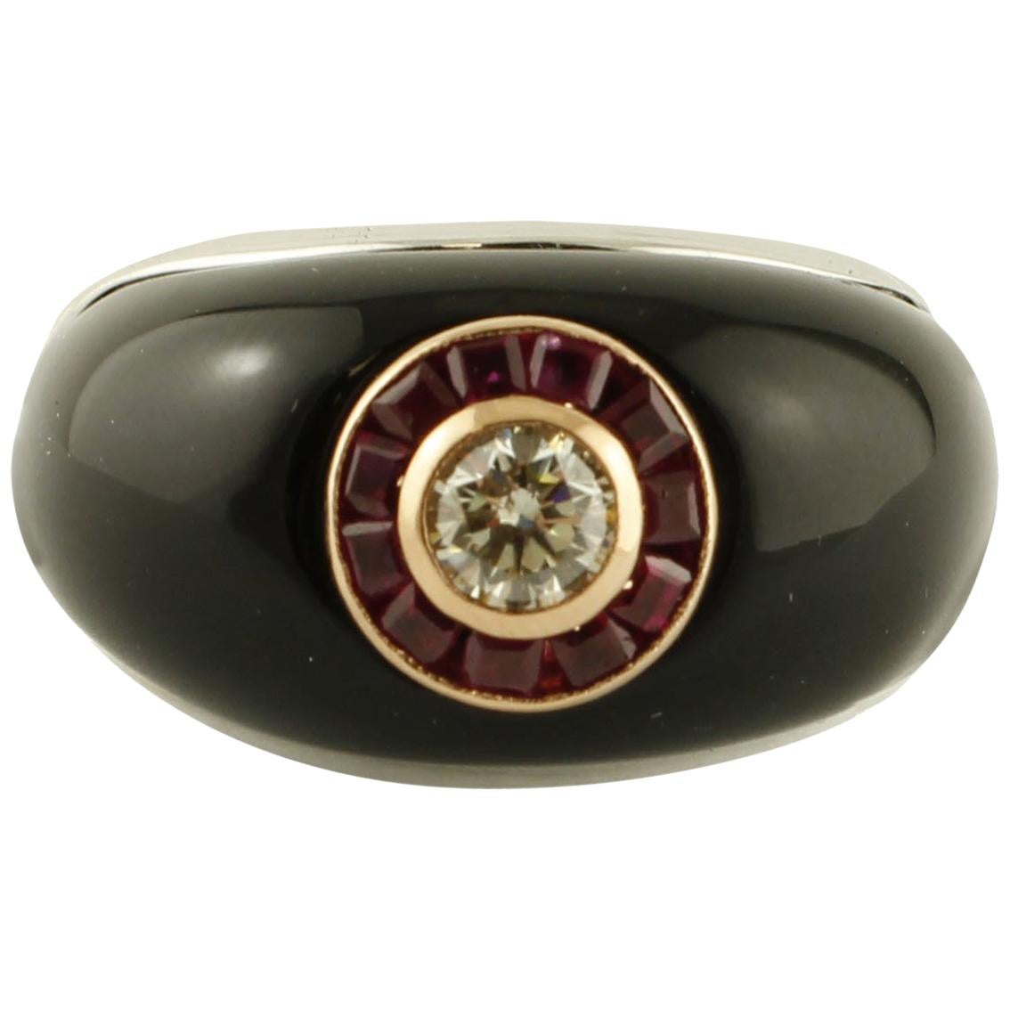 Central Diamond, Rubies, Onyx, 18 Karat White and Rose Gold Ring