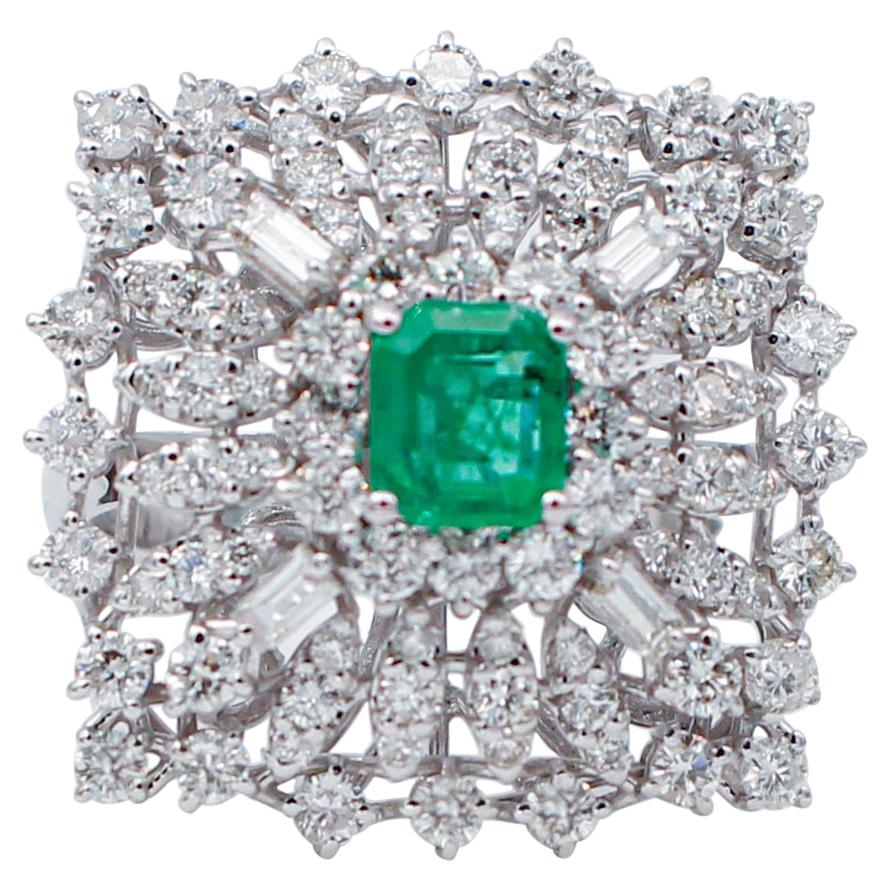 Central Emerald, Diamonds, 18 Karat White Gold Ring For Sale