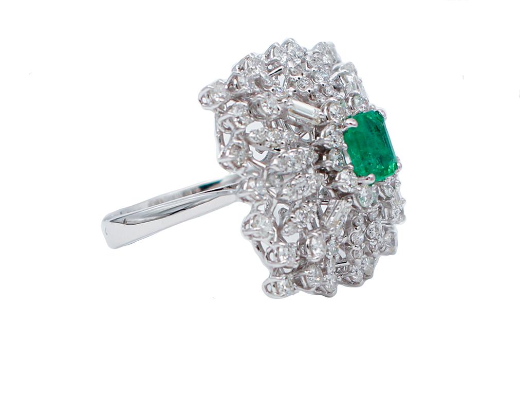 Mixed Cut Central Emerald, Diamonds, 18 Karat White Gold Ring For Sale