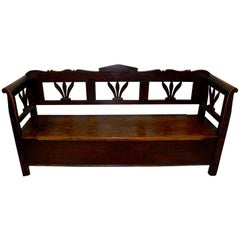 Central European 19th Century Pine Storage Bench with Foliate Cut Out Back