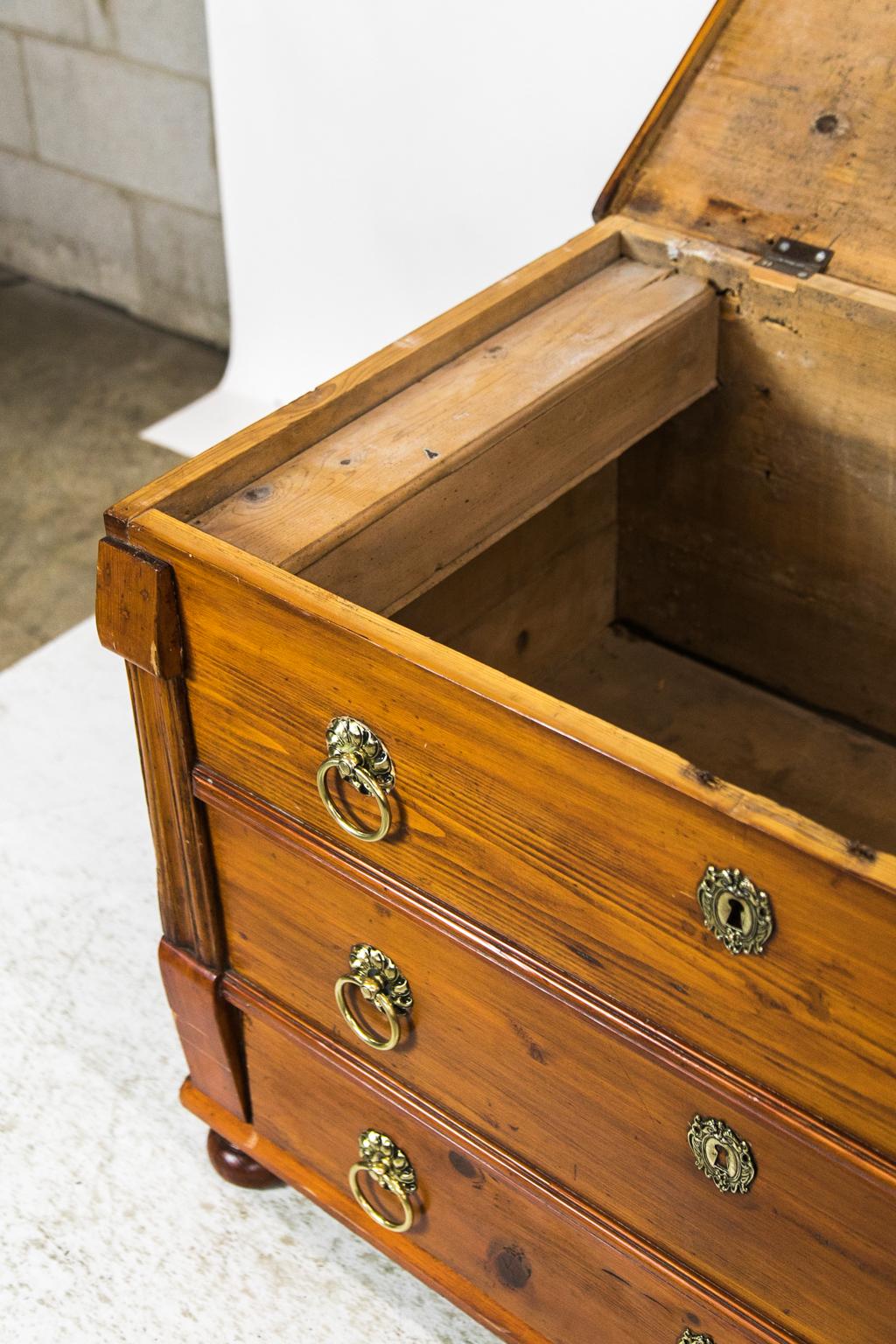 Brass Central European Lift Top Pine Chest For Sale