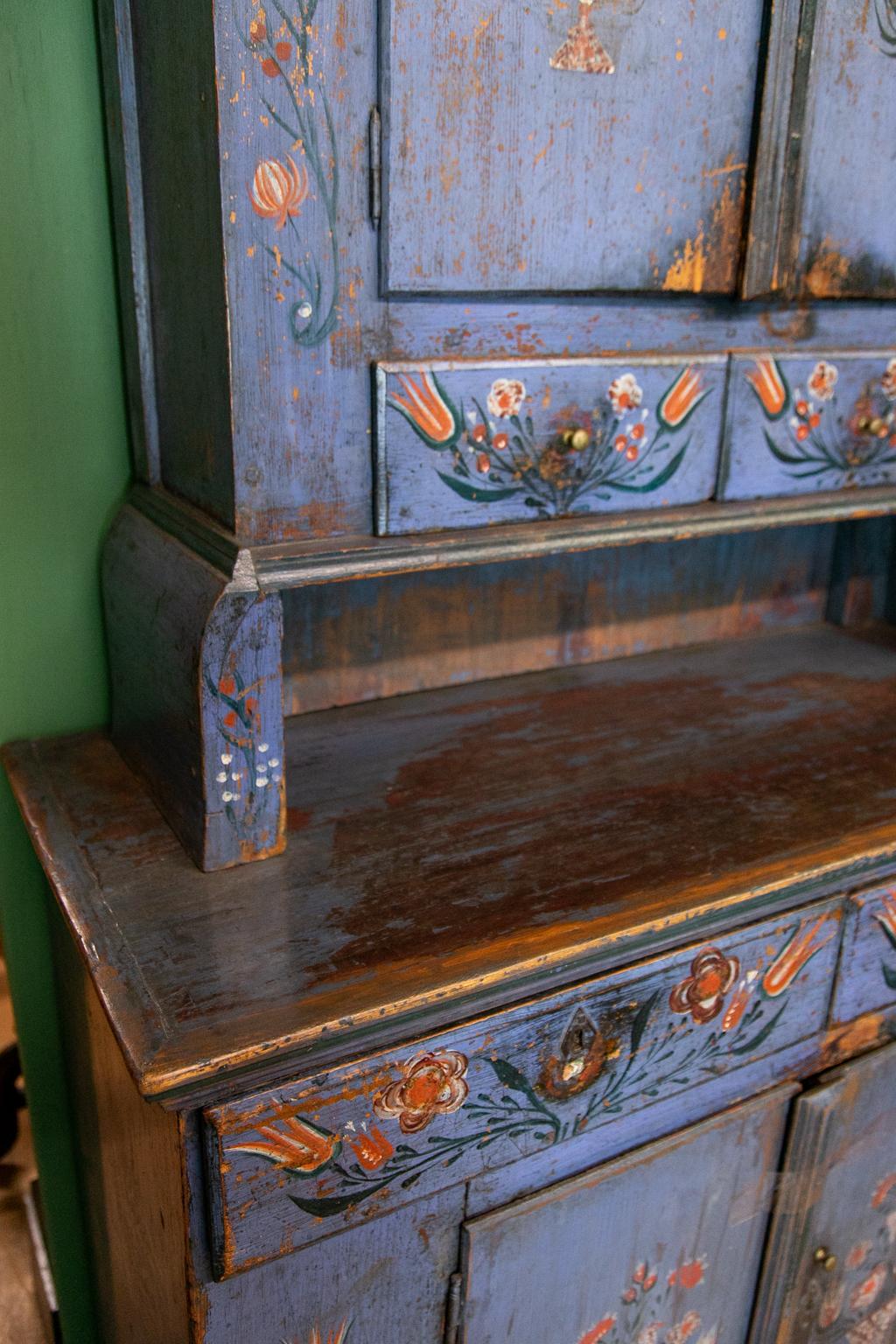 Hand-Painted Central European Step Back Cupboard