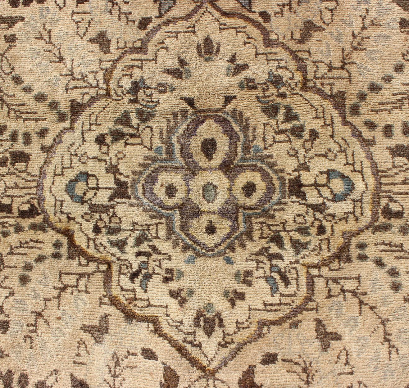 Mid-20th Century Central Floral Medallion, Nude, Brown, Taupe Vintage Persian Lilihan Rug