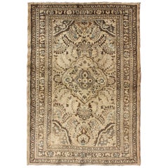 Central Floral Medallion, Nude, Brown, Taupe Vintage Persian Lilihan Rug