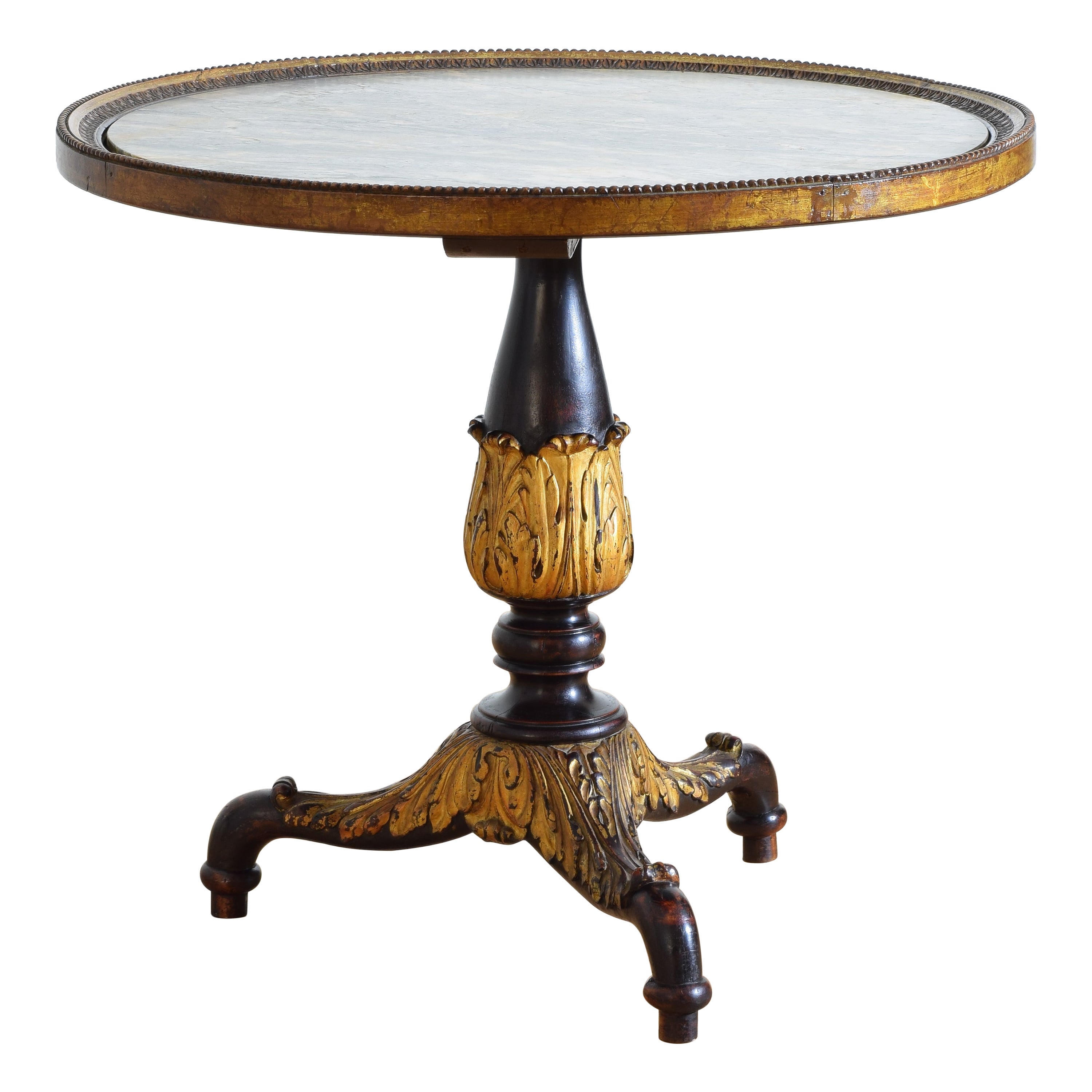 Table centrale italienne en bois doré sculpté, ébonisé et à plateau de marbre en vente