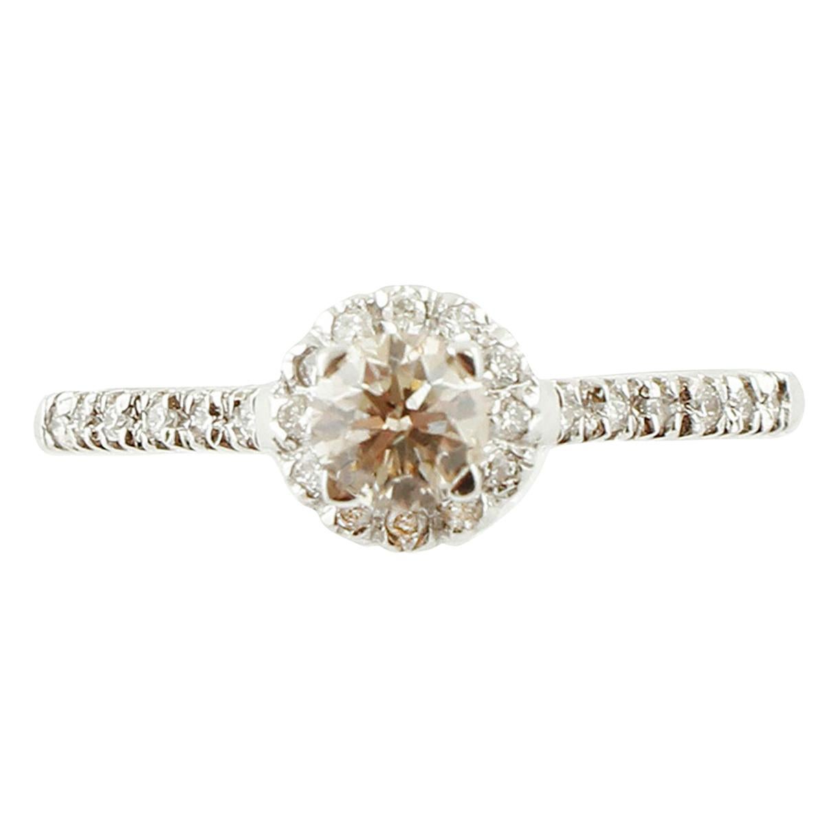 Central Light Fancy Diamond, Diamonds, 18 Karat Gold Solitaire/Engagement Ring For Sale