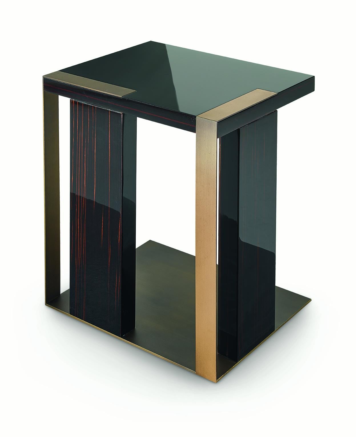 Modern Central or Side Table in Ebony Finish Decorative Insert in Liquid Metal Finish For Sale