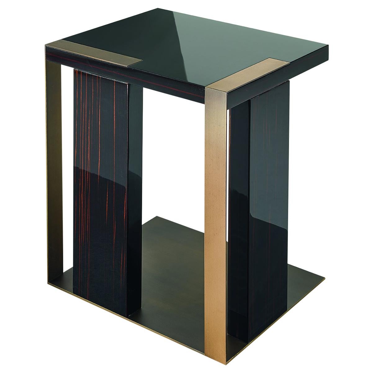 Central or Side Table in Ebony Finish Decorative Insert in Liquid Metal Finish