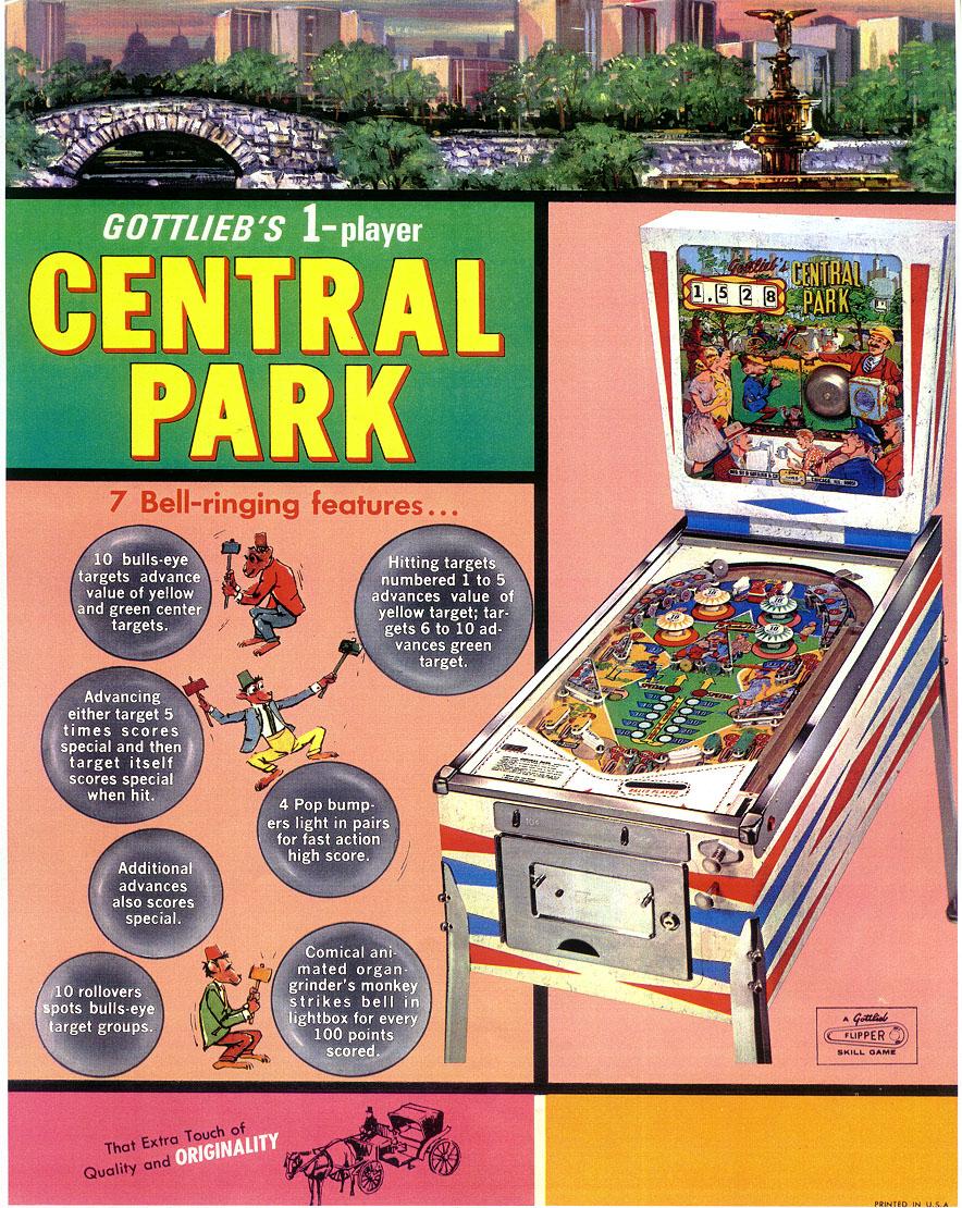 Metal Central Park Pinball Machine, 1966 USA For Sale