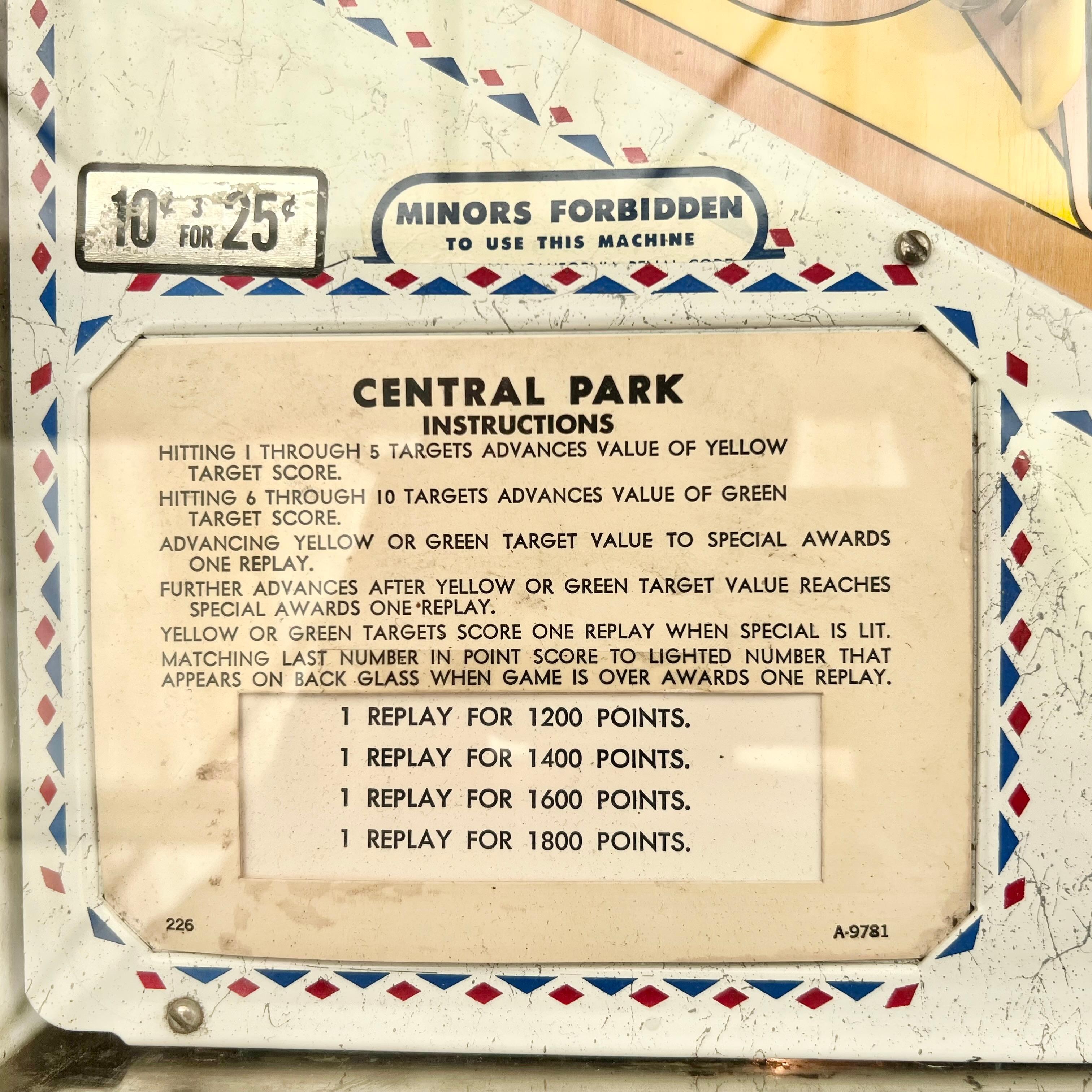 Central Park Pinball Machine, 1966 USA For Sale 8