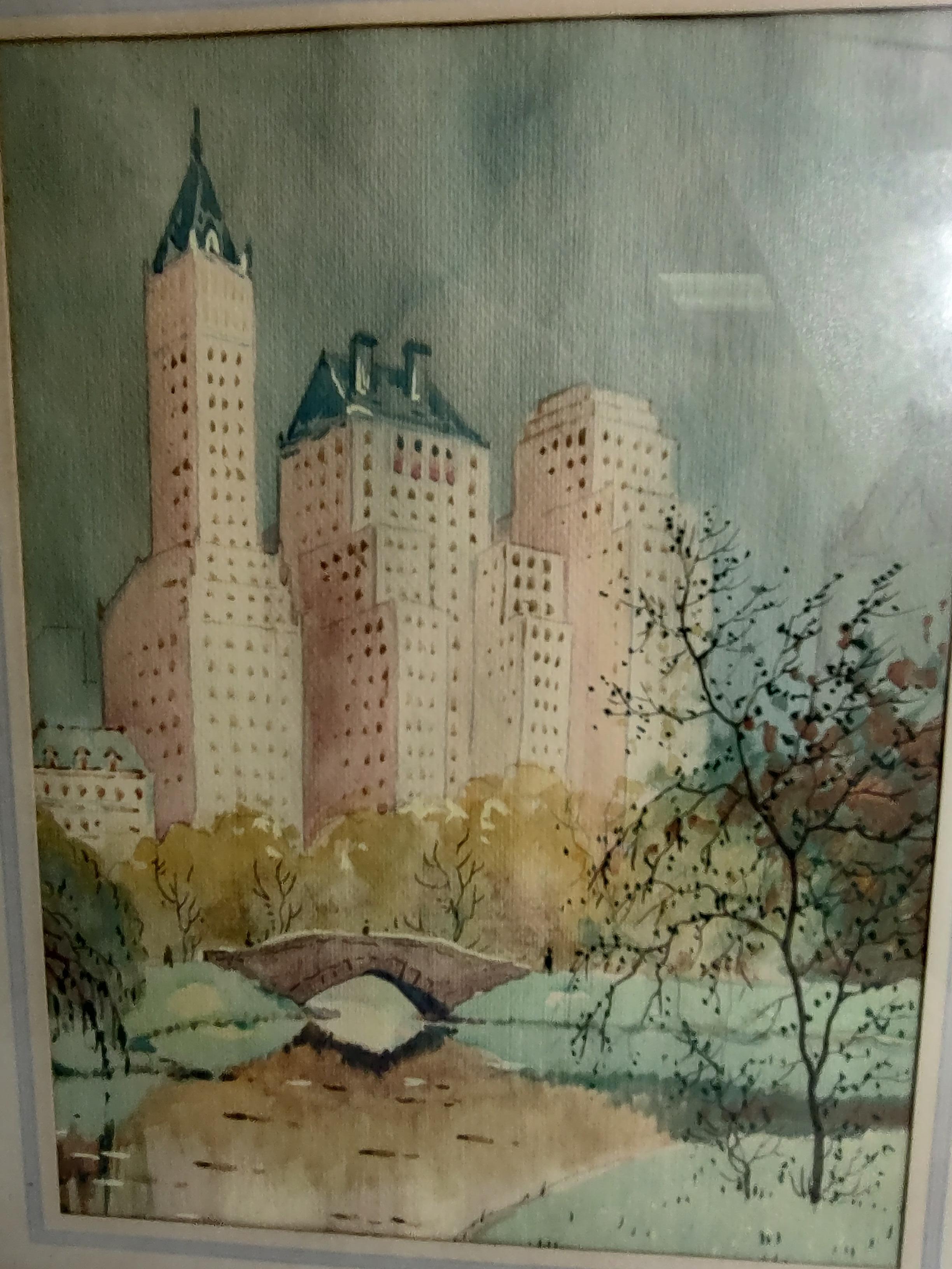 Modern View of Central Park Watercolor by John Vander Bilt C1935 For Sale
