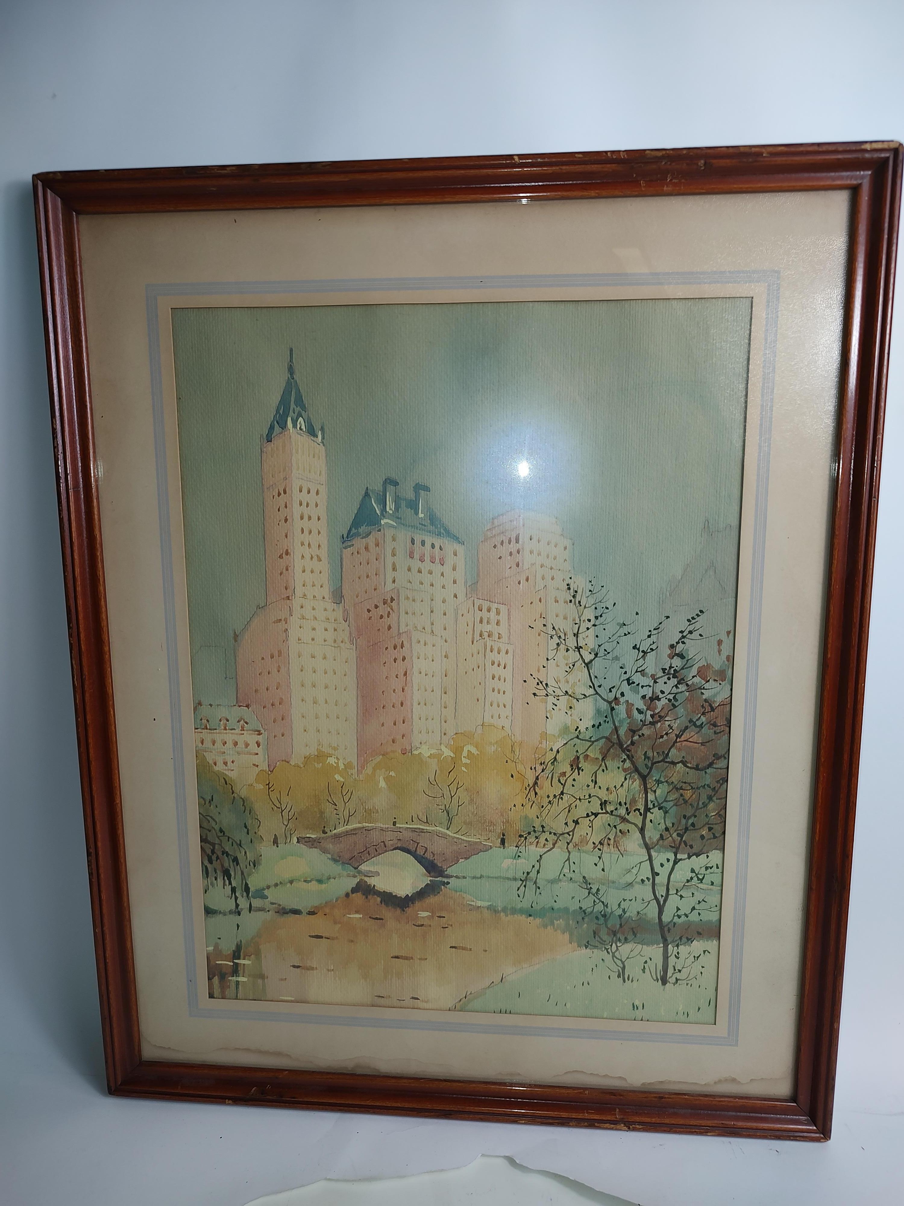 American View of Central Park Watercolor by John Vander Bilt C1935 For Sale