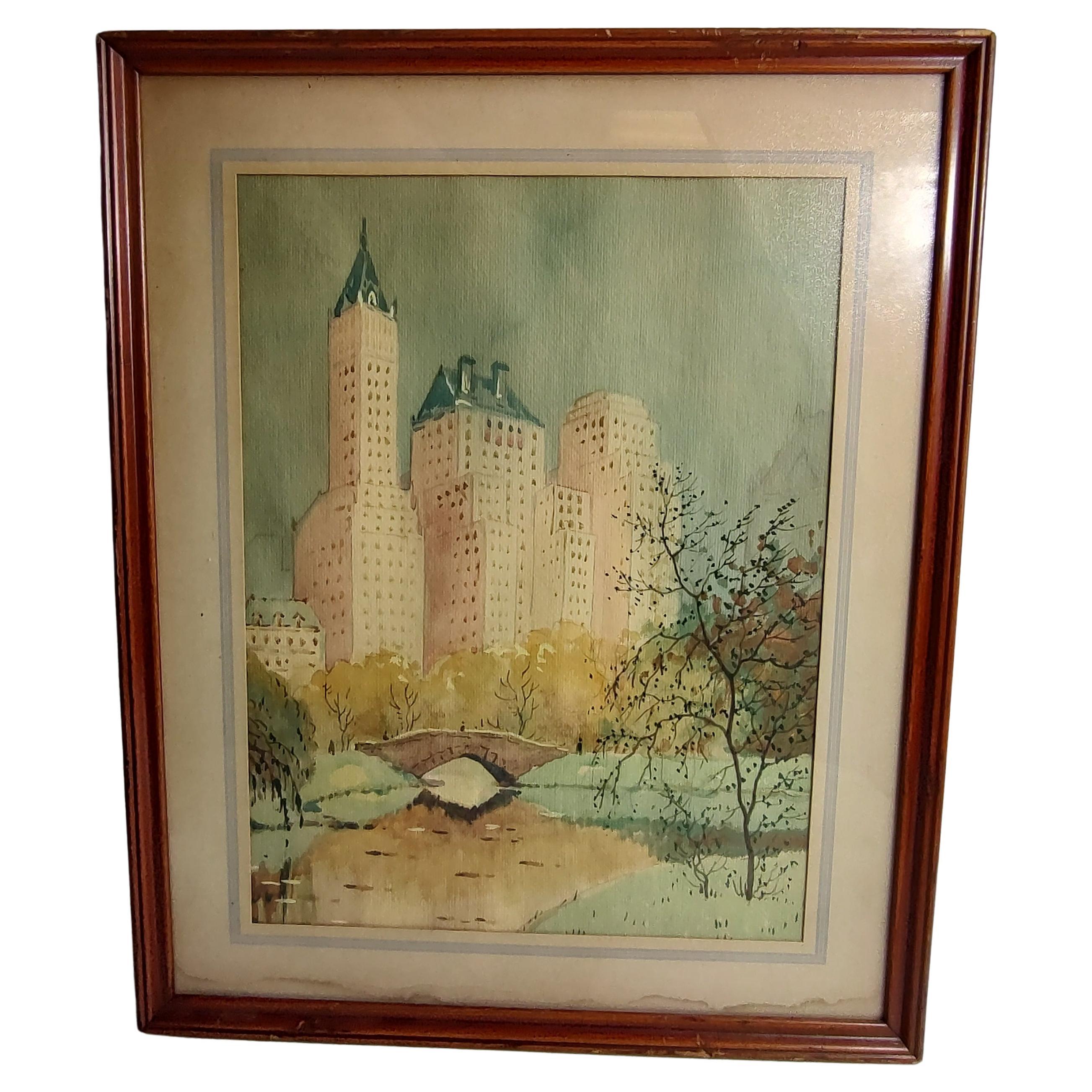 View of Central Park Watercolor by John Vander Bilt C1935