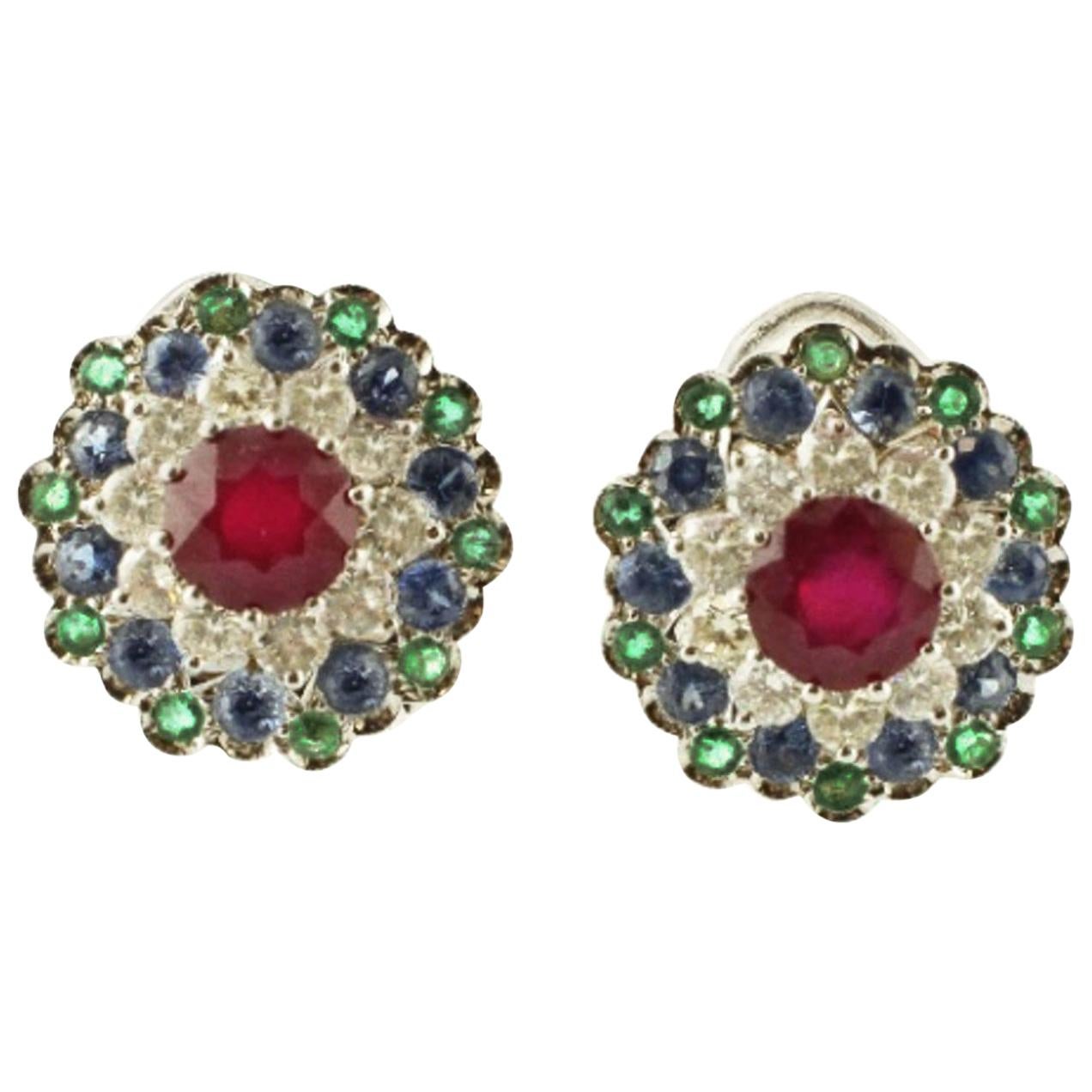 Central Ruby, Diamonds, Sapphires and Emeralds 14 Karat White Gold Stud Earrings For Sale