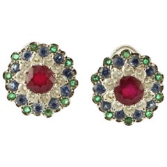 Central Ruby, Diamonds, Sapphires and Emeralds 14 Karat White Gold Stud Earrings