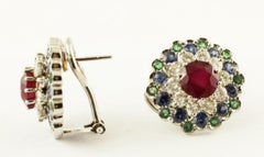 Central Ruby, Diamonds, Sapphires and Emeralds 14 Karat White Gold Stud Earrings