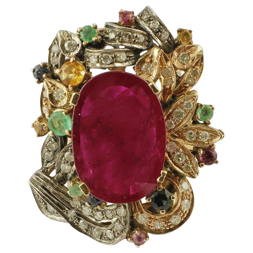 Central Ruby, Emeralds, Sapphires and Diamonds, 9 Karat Gold and Silver Ring For Sale