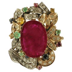 Central Ruby, Emeralds, Sapphires and Diamonds, 9 Karat Gold and Silver Ring