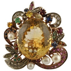 Central Yellow Topaz, Diamonds, Emeralds, Rubies, Little Pearls Retro Ring
