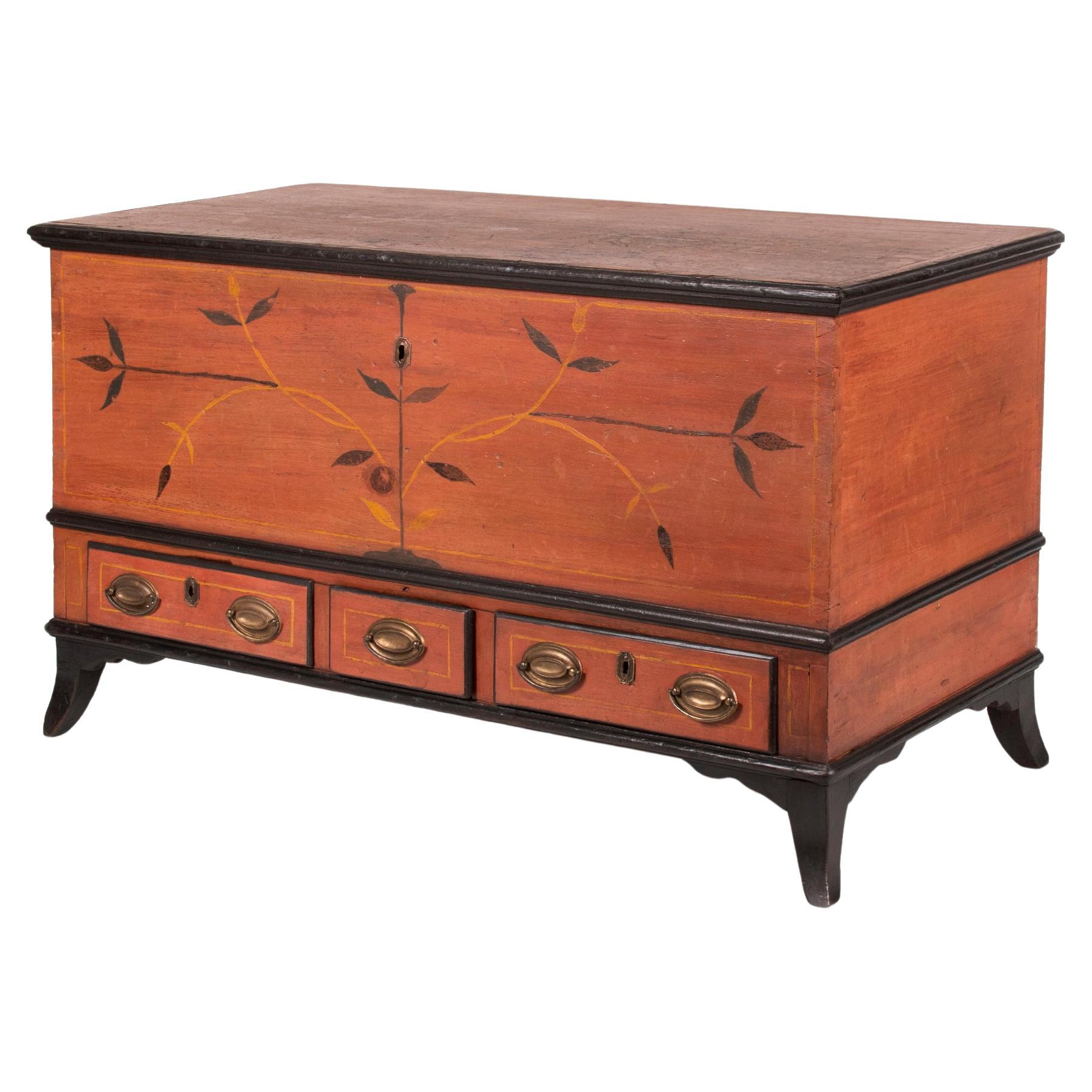 Centre County Pennsylvania Blanket Chest with Salmon and Black Floral Decoration For Sale