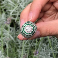 Magnificent Diamond and Emerald Platinum Art Deco Fashion Ring, 1950s