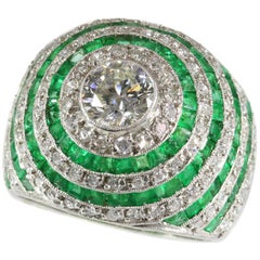 Magnificent Diamond and Emerald Platinum Art Deco Fashion Ring, 1950s