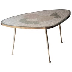 Midcentury Modern Curved Gold Green Brass Tessera Italian Centre Table, 1960
