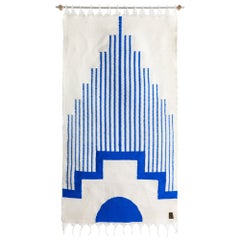 CENTRO Sheep Wool Handwoven Tapestry, Aged Bronze Wall Mount, Ivory & Lapis Blue