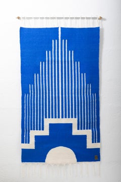 CENTRO Sheep Wool Handwoven Tapestry, Aged Bronze Wall Mount, Lapis Blue & Ivory