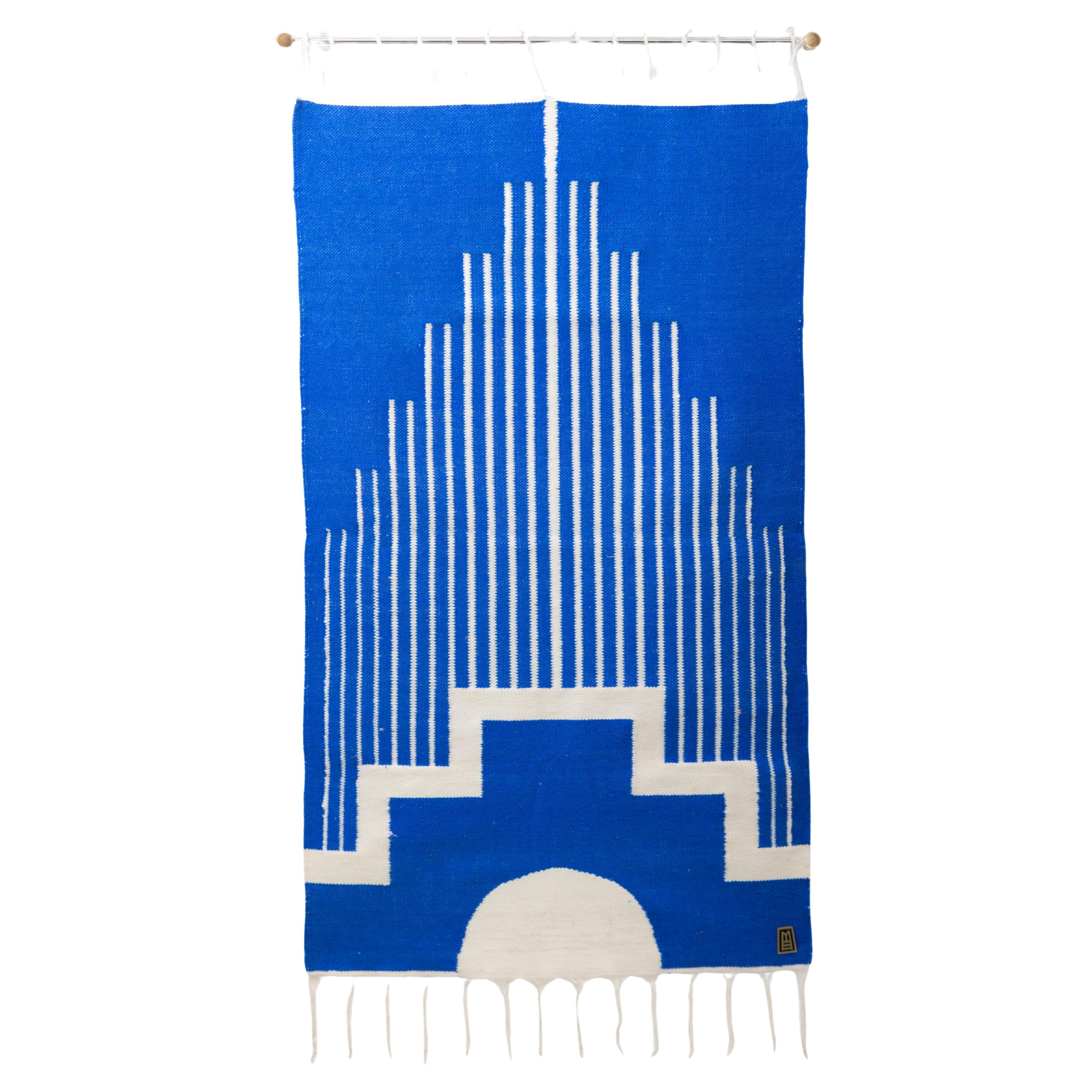 CENTRO Sheep Wool Handwoven Tapestry, Aged Bronze Wall Mount, Lapis Blue & Ivory