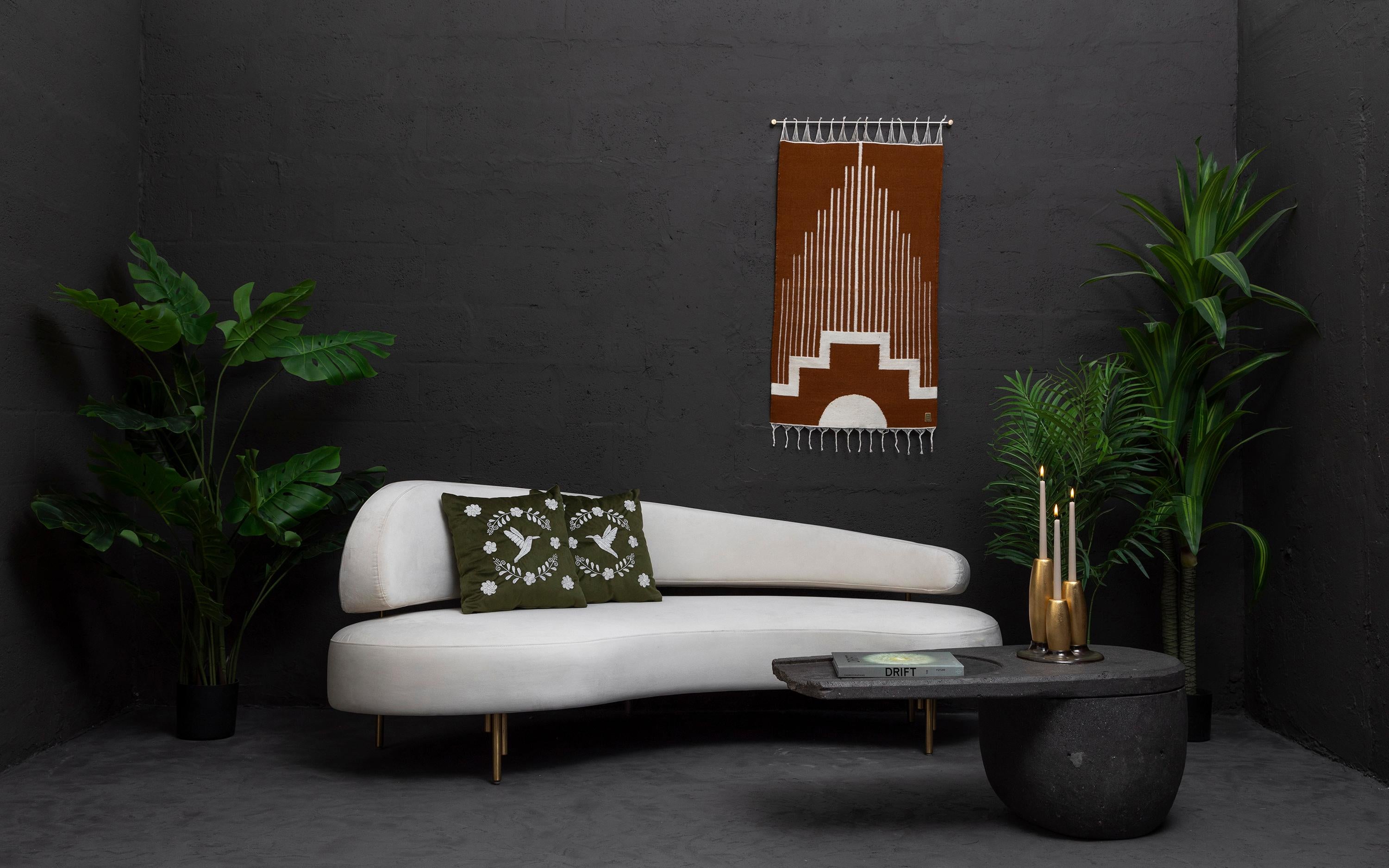 Ecuadorean CENTRO Sheep Wool Handwoven Tapestry, Aged Bronze Wall Mount, Terracota & Ivory For Sale